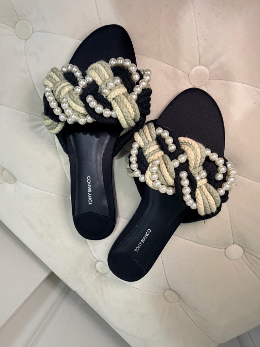 Tony Bianco Black Slide Mules with Pearl & Cream Rope Trim